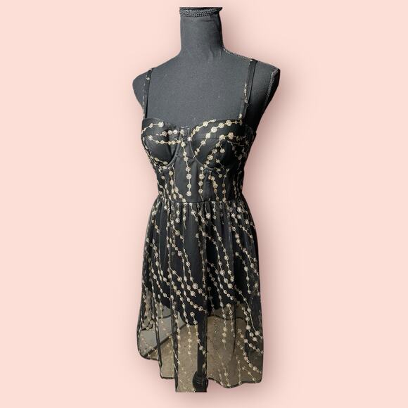 Women's Black Gold Bustier Mini Dress Size 4 Whimsygoth Fairy Grunge Hoco Tulle - Picture 1 of 5